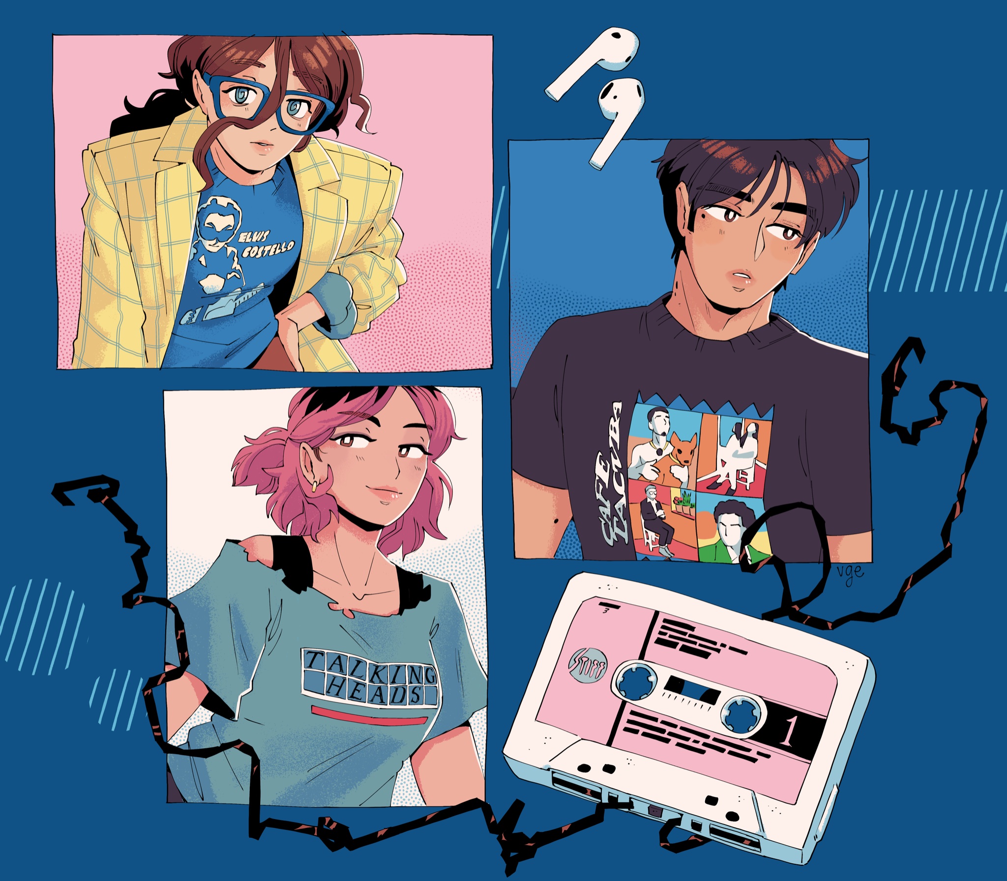 Weird Teens in Vintage Band Shirts – early art of Erika, Christian, & Julie from Please Be My Star